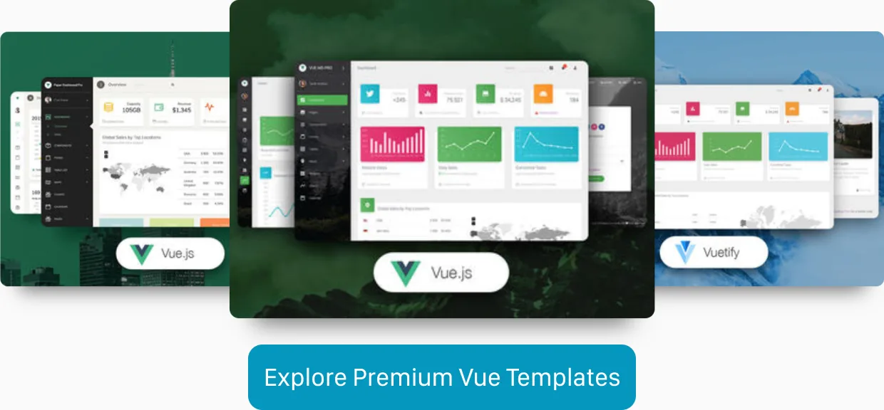 Screenshots of three premium Vue.js templates.