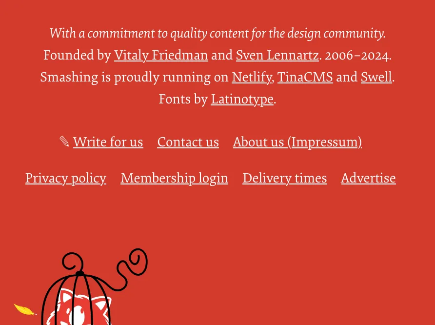 Smashing Magazine using 'About us (Impressum)' in the footer instead of wrongly translating 'Impressum' to 'Imprint'