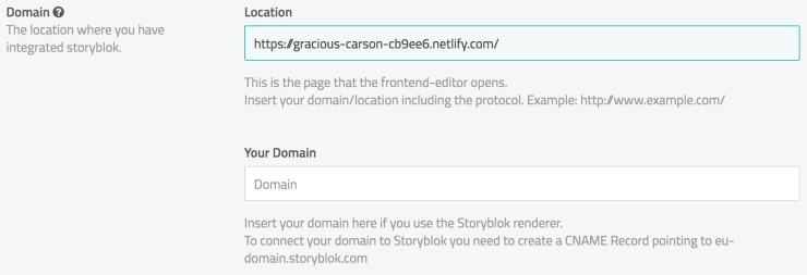 Screenshot of the Storyblok domain settings.