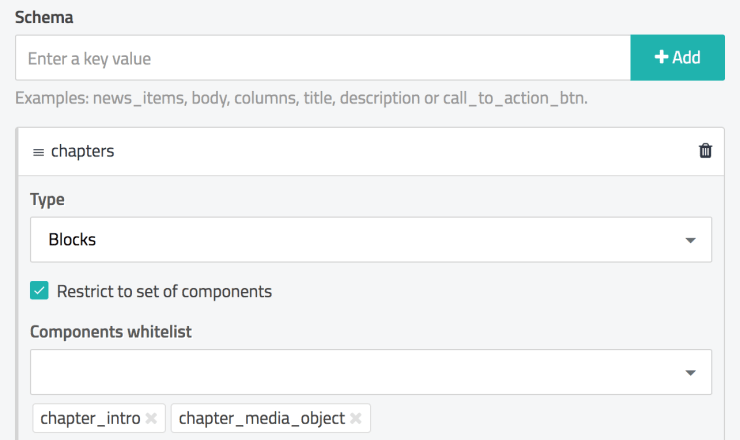 Screenshot of the Storyblok UI for adding a new schema for the chapter blocks.