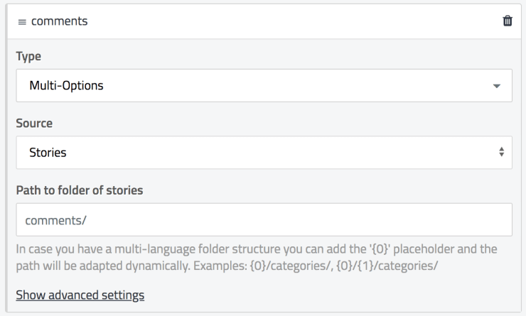 Screenshot of the comments field settings in Storyblok.