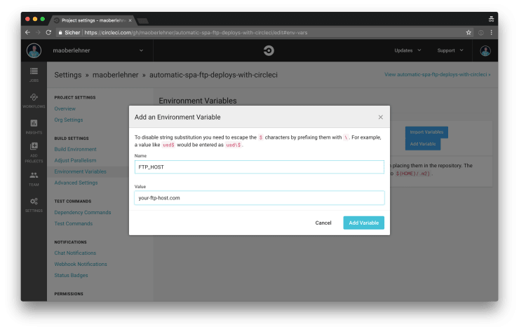 Screenshot of the CircleCI UI for adding environment variables.