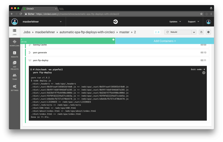 Screenshot of the deployment process running in CircleCI.