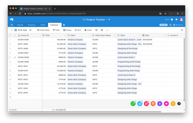 A list of invoices in Airtable