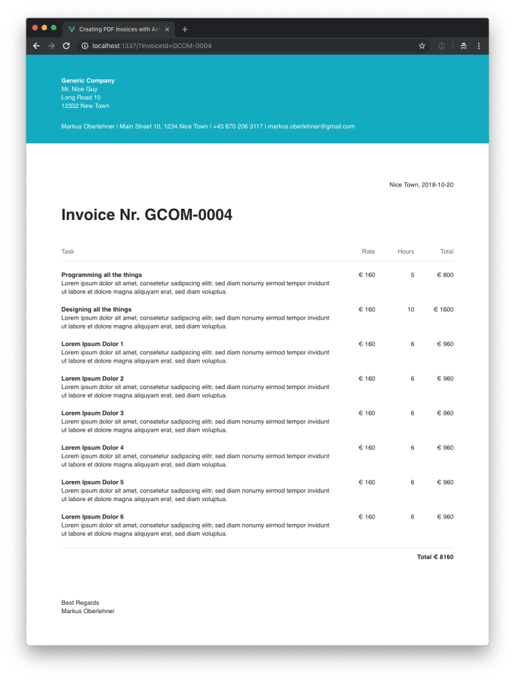 A basic invoice rendered with Vue.js in the browser