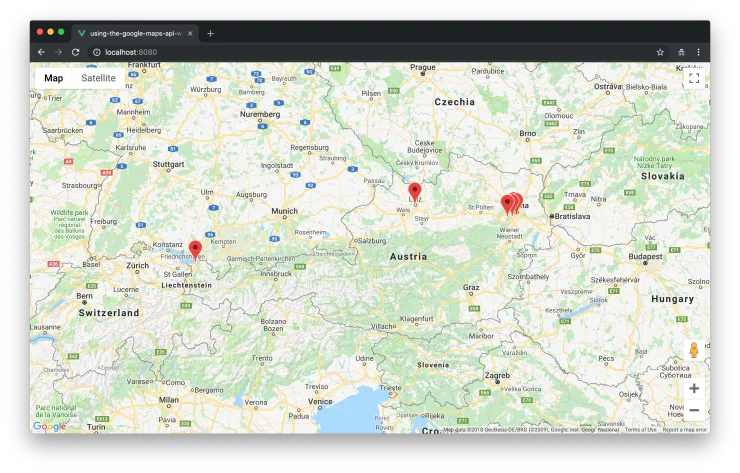 Fullscreen Google Map with a lot of markers in the Vienna area.