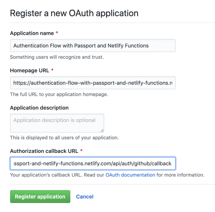 Setting up a new GitHub OAuth application.