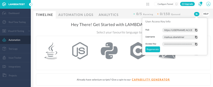 Screenshot of where to find your LambdaTest credentials.