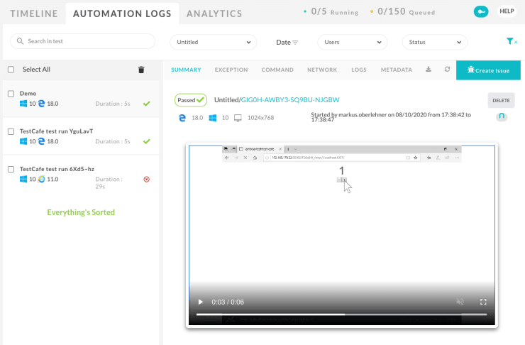 Screenshot of the LambdaTest automation logs.